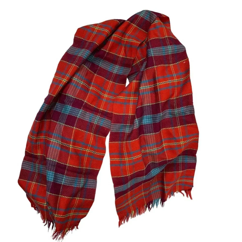 Burnished Orange red wool vintage plaid scarf 63x13